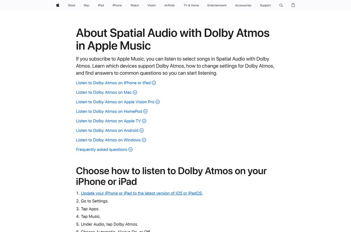 Apple support page for Spatial Audio with Dolby Atmos in Apple Music
