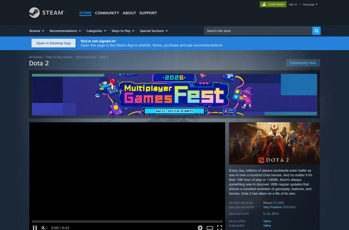 Steam store page for Dota 2 with its Play Game button