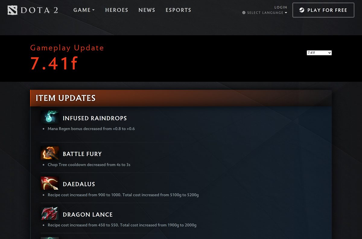 Dota 2 patch notes page open on gameplay update 7.41f
