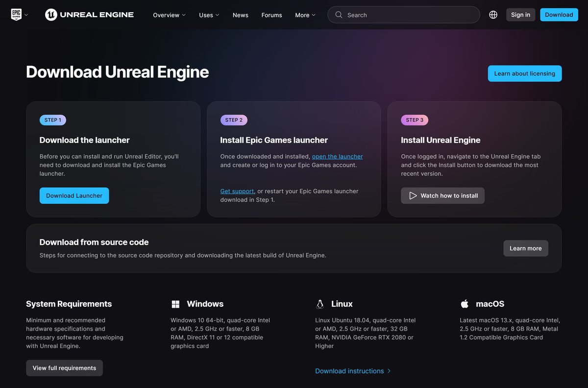 Unreal Engine download page with the three-step launcher install
