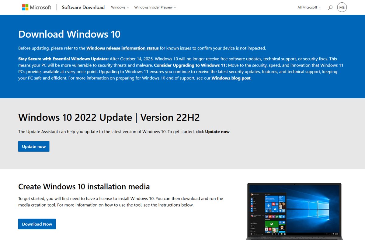 Download Windows 10 page with Update now and Download Now buttons