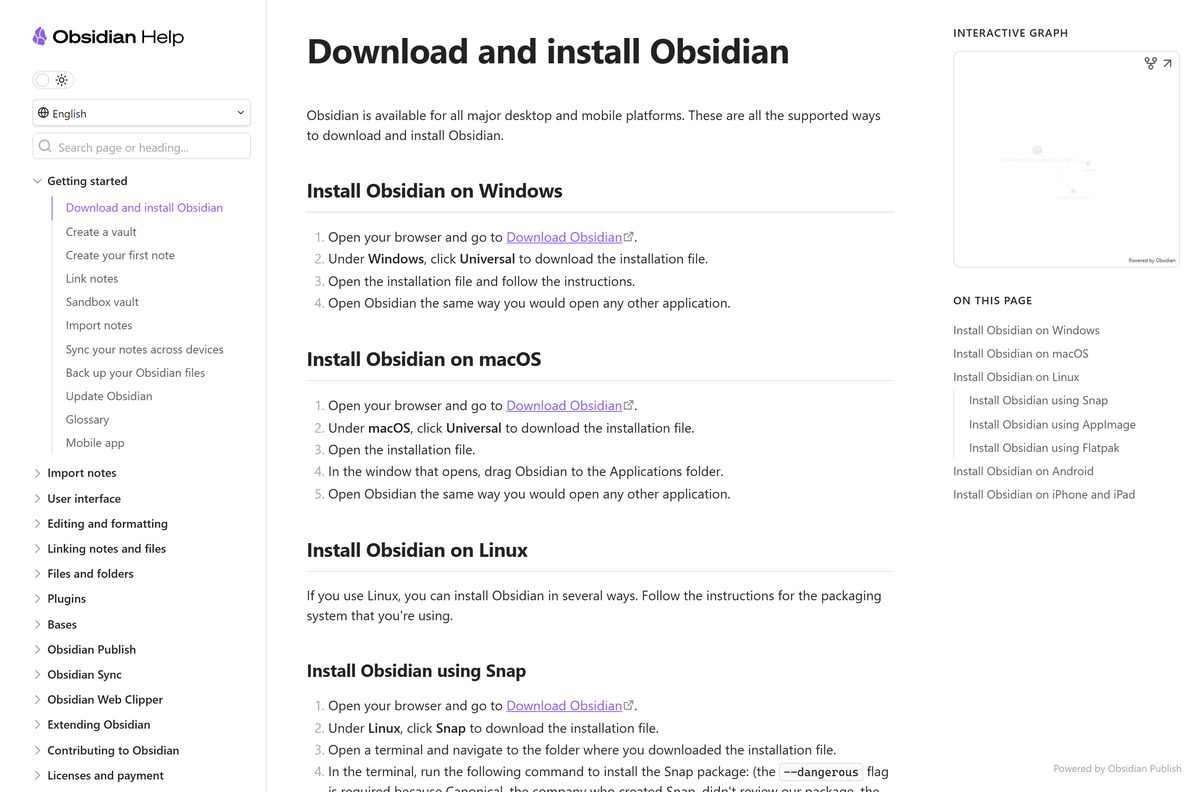 Obsidian help page with install steps for every platform