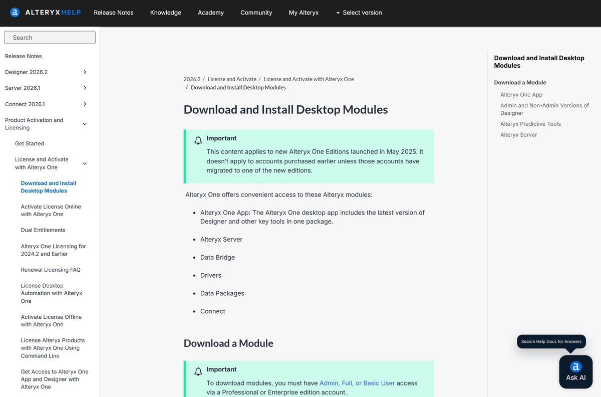 Help page for downloading Alteryx Designer from Download & Activate