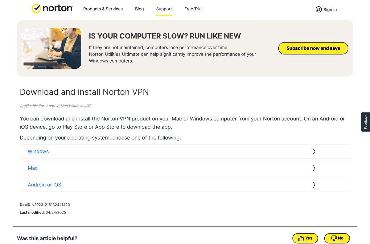 Norton support page with the Windows and Mac download steps
