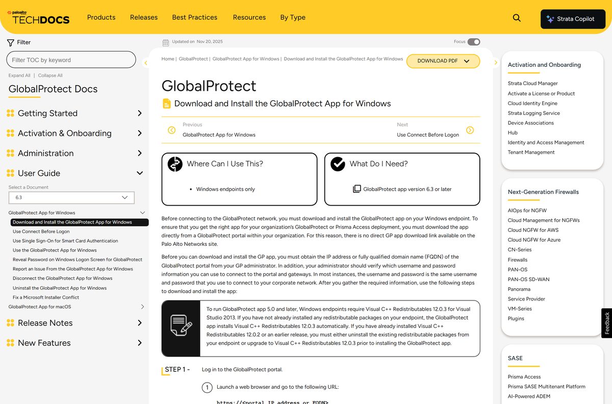 Palo Alto Networks page showing the portal login and Windows agent steps