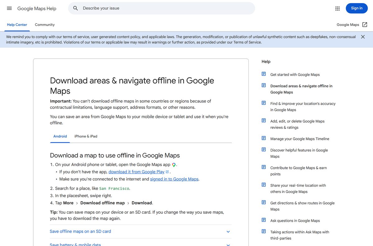 Google help page showing how to save a map area for offline use