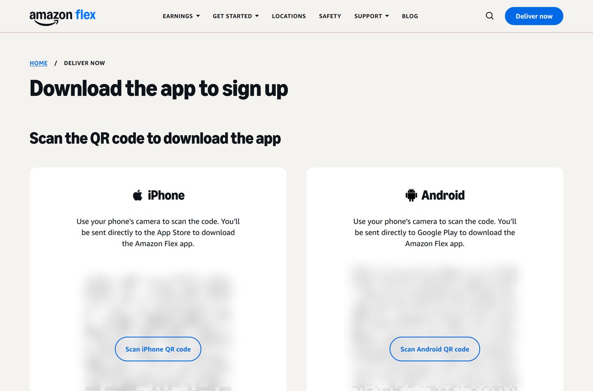 Amazon Flex download page with QR codes for iPhone and Android