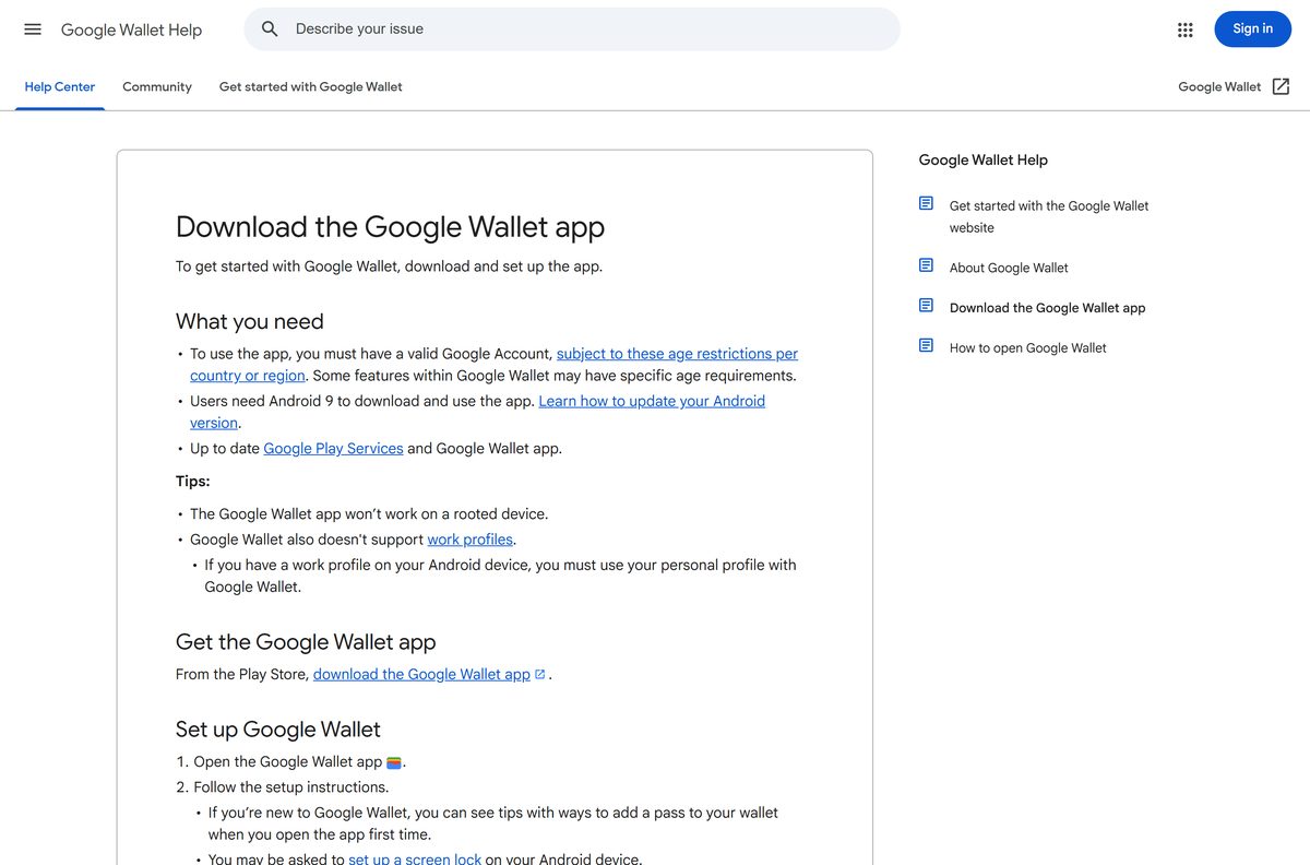 Google help page listing what the Wallet app needs
