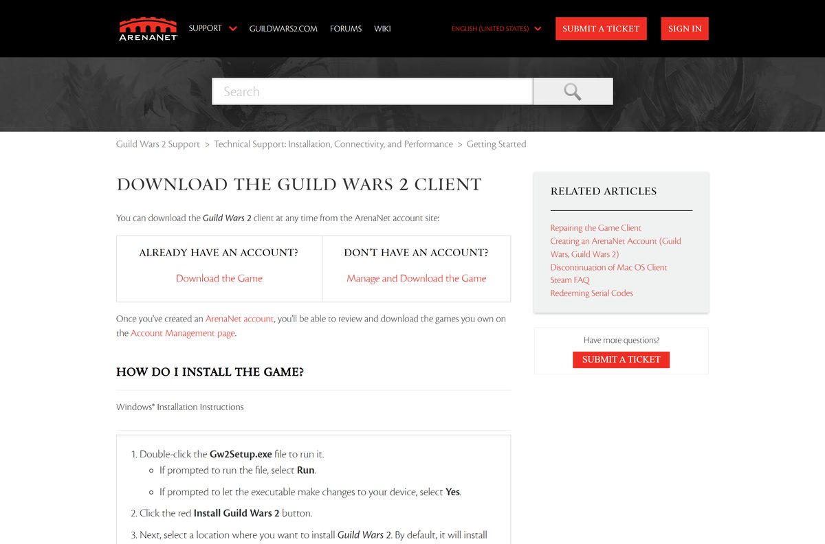 ArenaNet support article with Guild Wars 2 client download steps