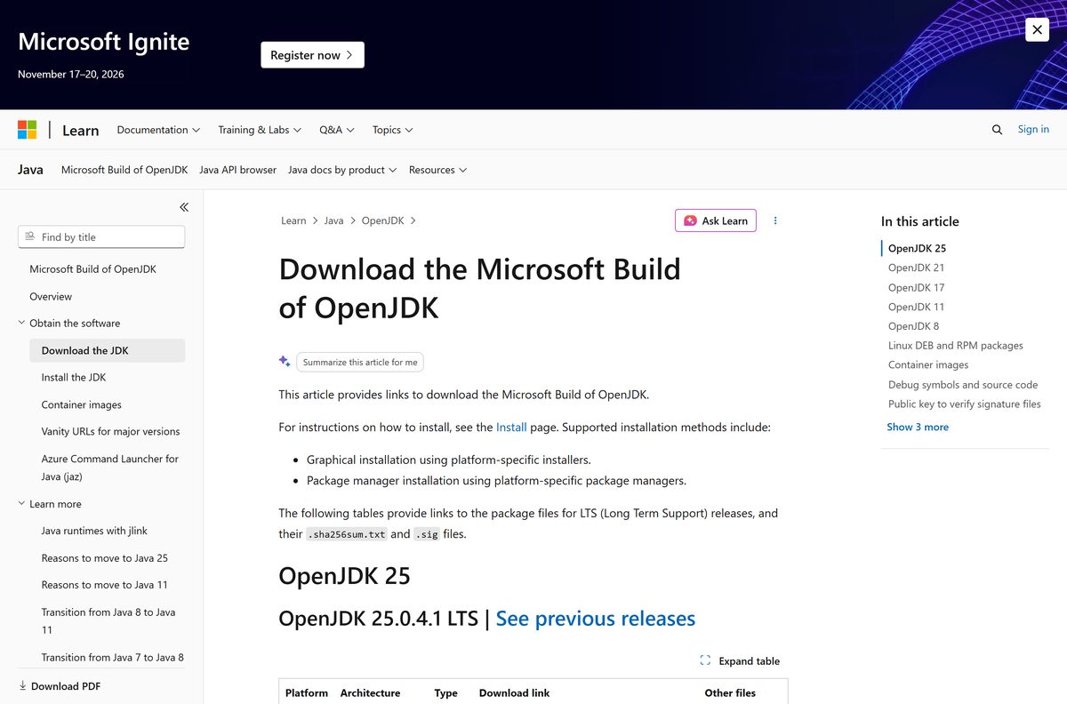 Microsoft Learn page listing OpenJDK 25 files for Windows and Mac