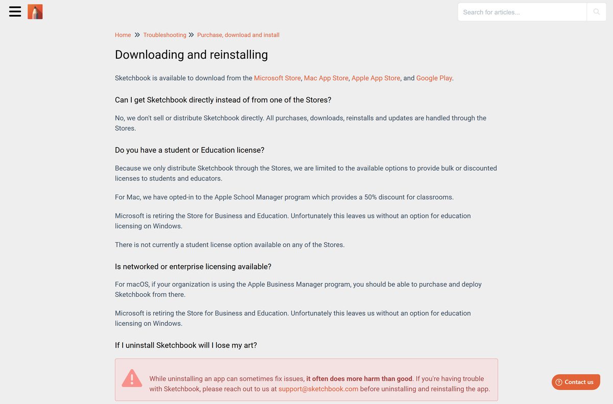 Sketchbook help page on downloading and reinstalling from the stores