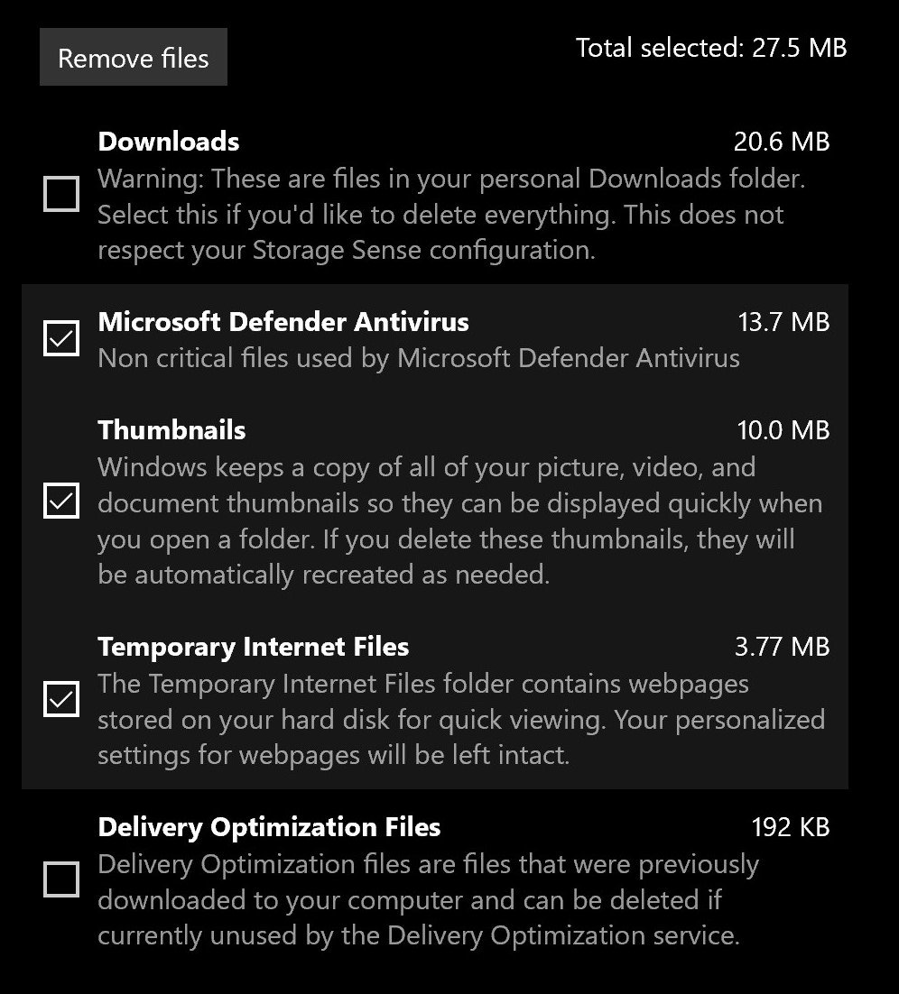 Downloads category unchecked with a warning about deleting personal files