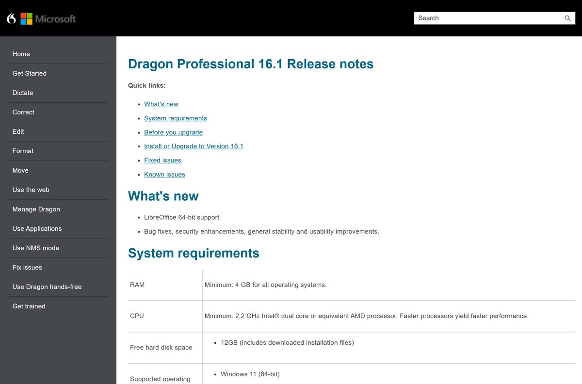 Dragon 16.1 release notes showing system requirements and install steps