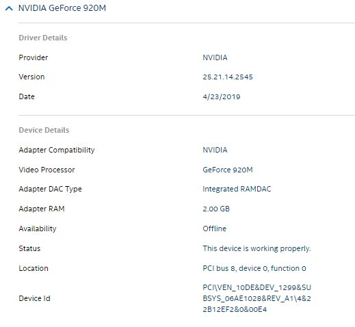 Driver details panel showing an NVIDIA GeForce 920M's provider and version