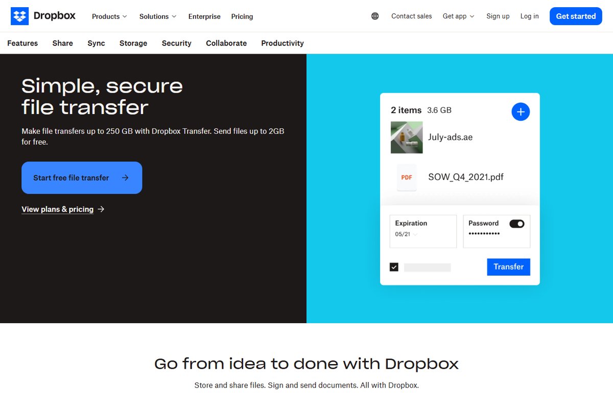 Dropbox Transfer create-transfer panel with files, expiration date and password
