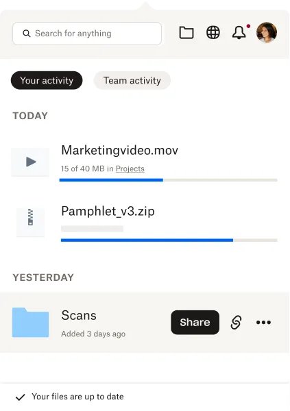 Dropbox activity list showing uploads in progress and files up to date