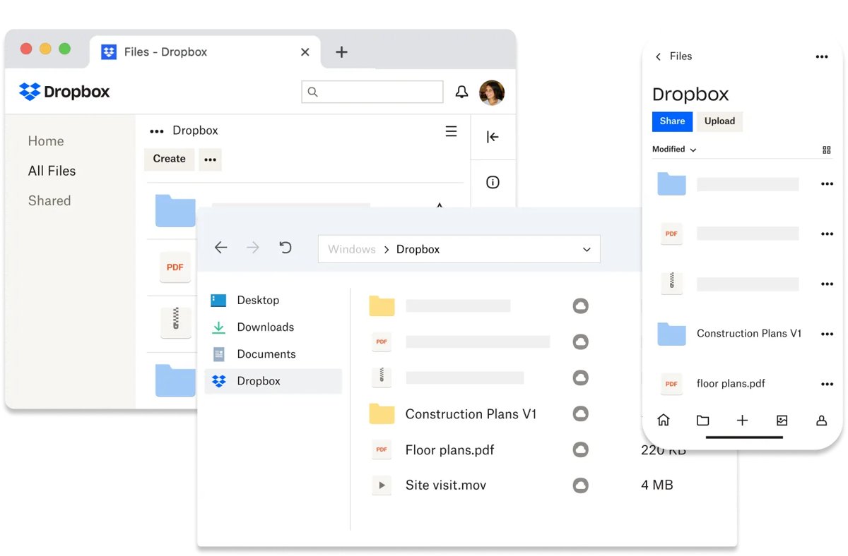 Dropbox desktop app, File Explorer sidebar, and mobile app showing the same folder