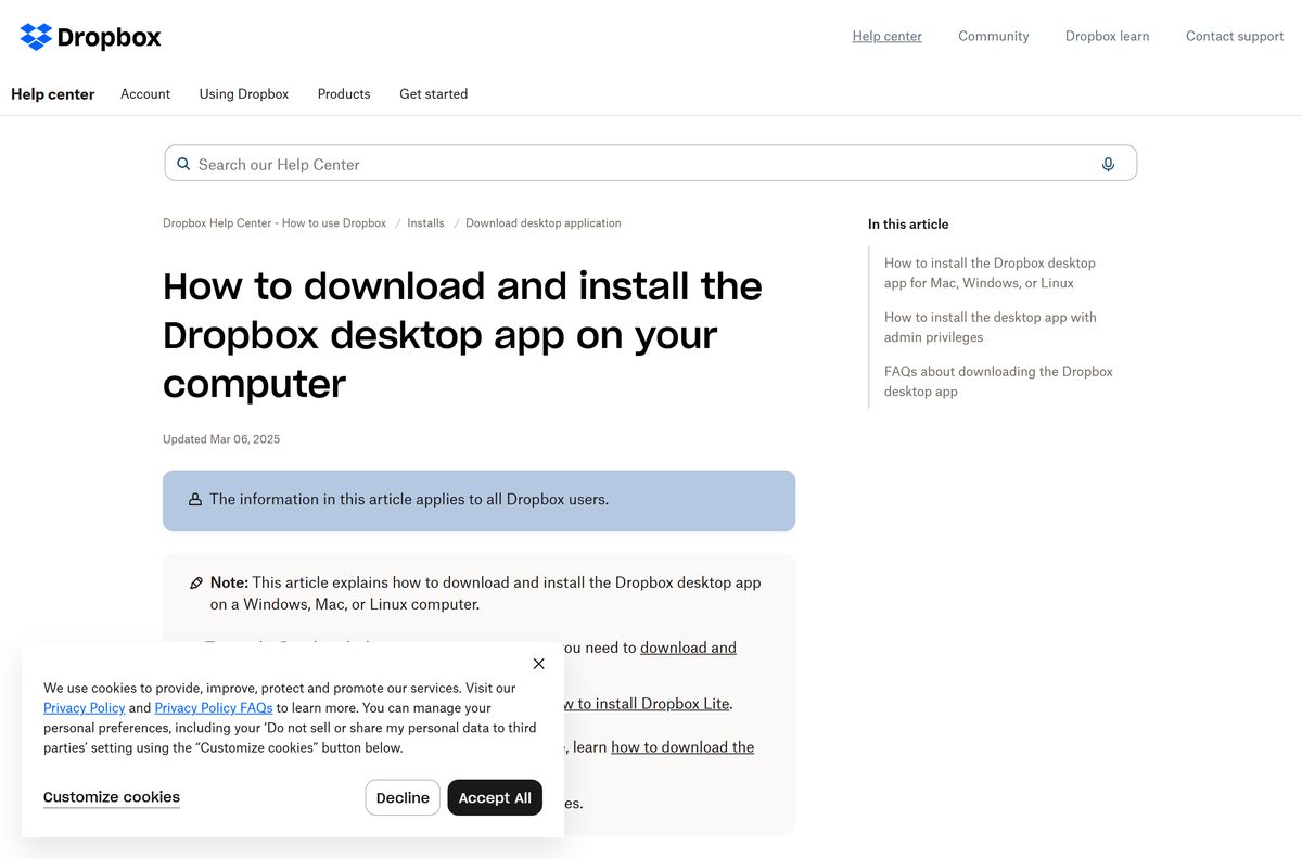 Help center article explaining how to install the desktop app