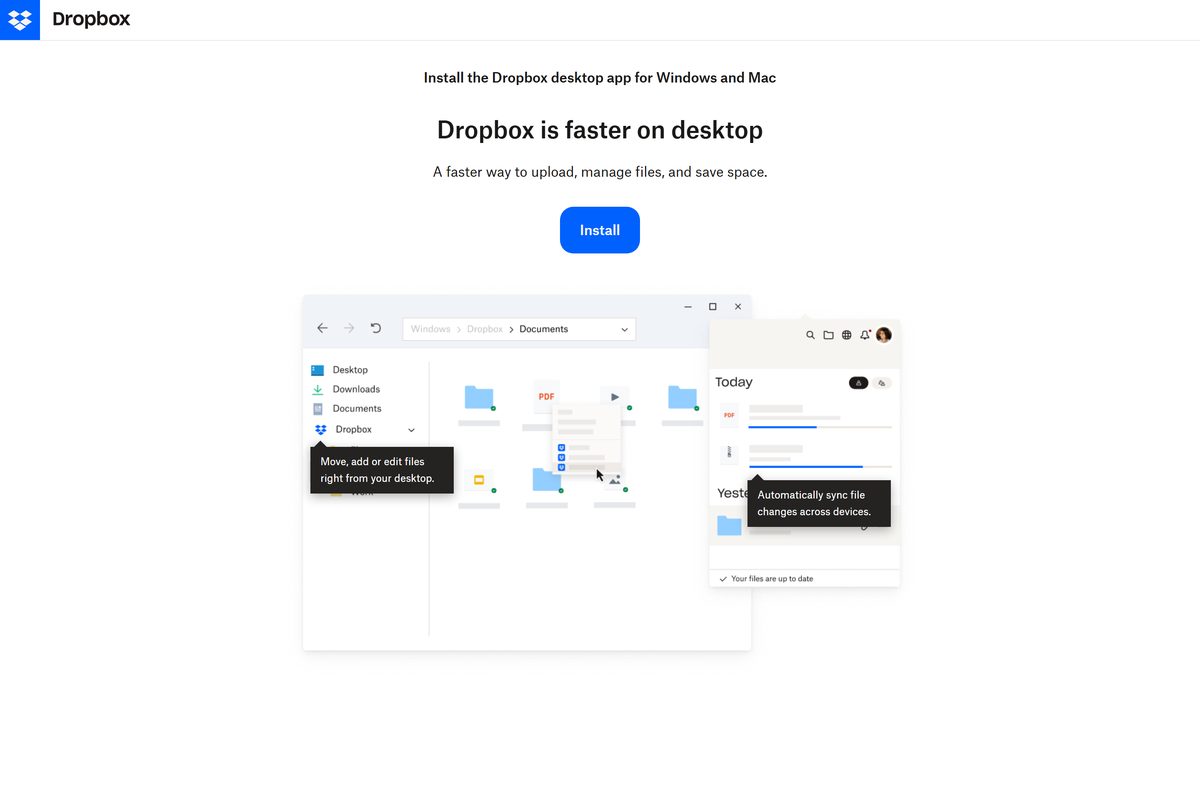 Dropbox install page with the desktop app button for Windows and Mac