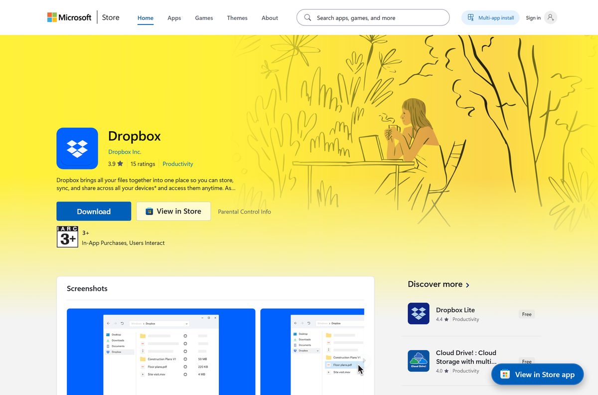 Microsoft Store listing for Dropbox with its publisher and price
