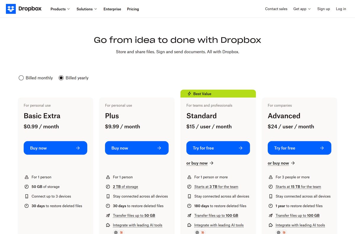 Dropbox plans page comparing Basic Extra, Plus, Standard and Advanced