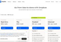 Dropbox plans page showing Plus, Standard, and Advanced pricing cards