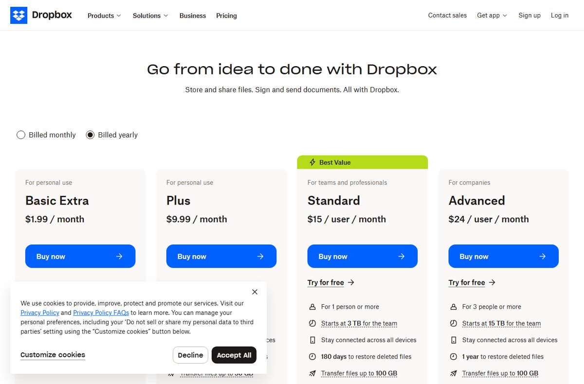 Dropbox plans page showing Plus, Standard, and Advanced pricing cards