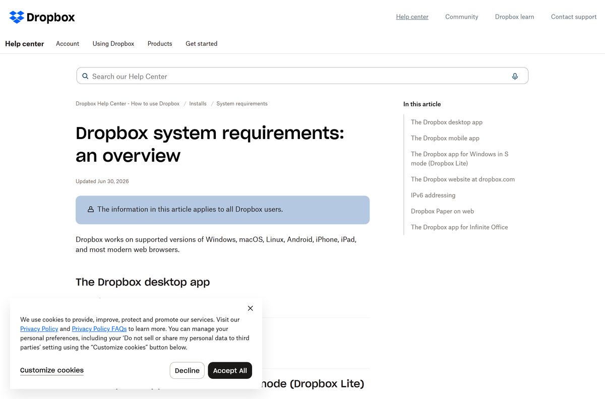 Help center page listing desktop and mobile system requirements