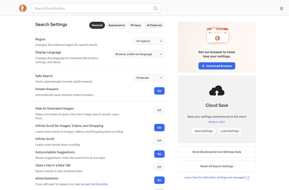 DuckDuckGo Search Settings page showing the General tab and Cloud Save panel