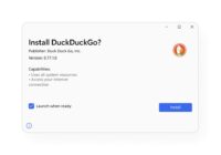 DuckDuckGo browser install prompt with publisher and version details