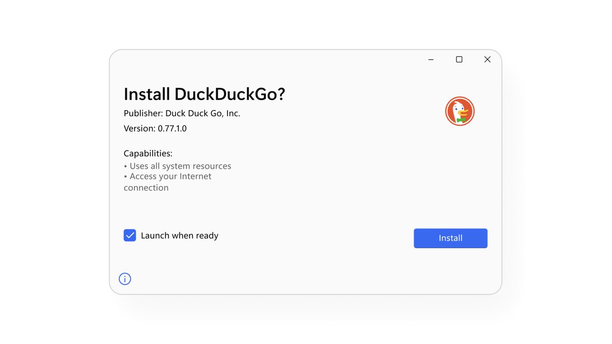DuckDuckGo browser install prompt with publisher and version details