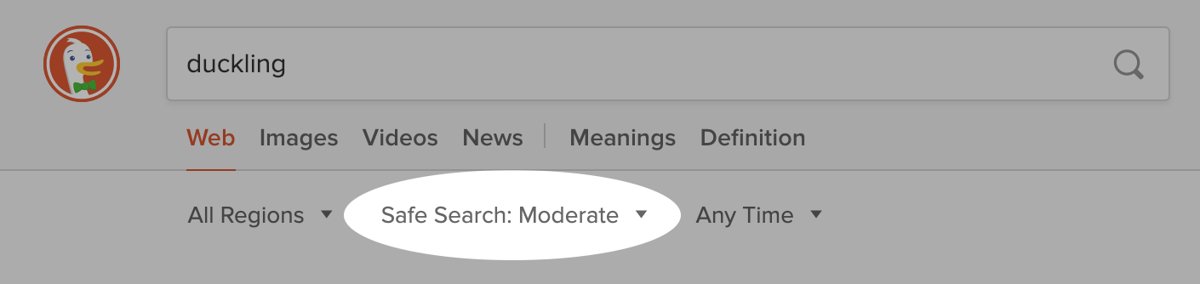 DuckDuckGo search results toolbar showing the Safe Search: Moderate dropdown