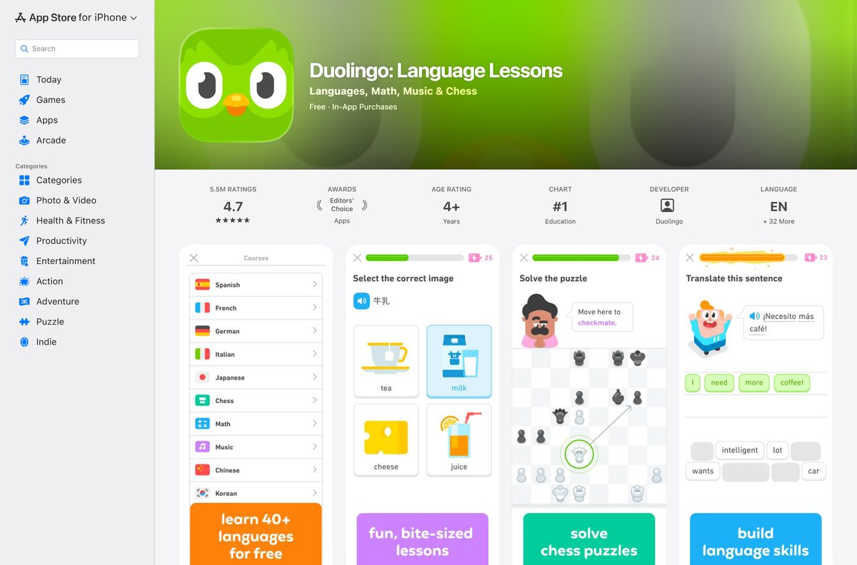App Store page for Duolingo with its size and iOS requirement