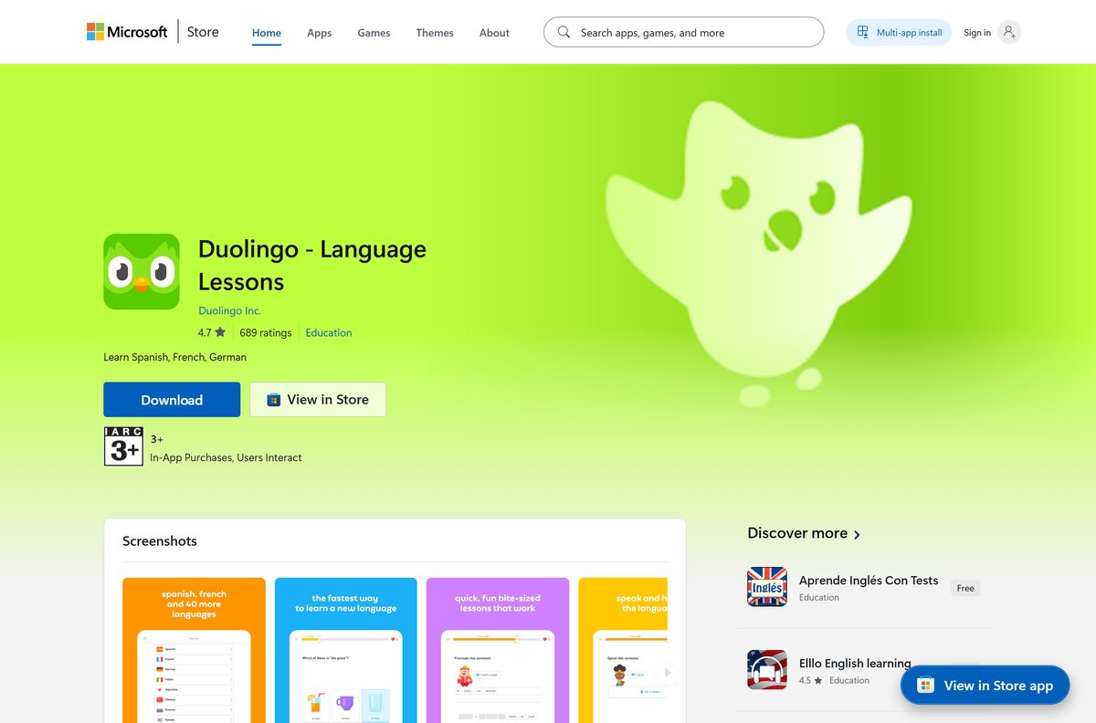 Microsoft Store listing for Duolingo with its publisher and rating