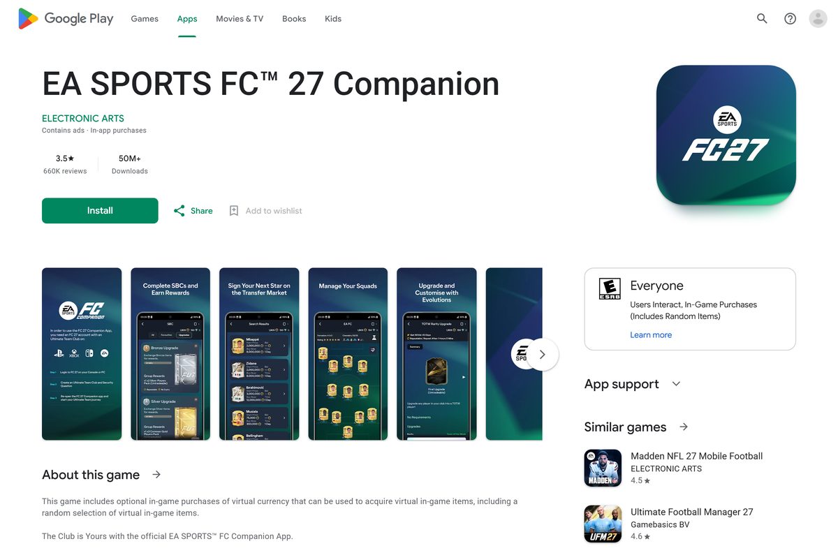 Google Play listing for the EA SPORTS FC 27 Companion with its downloads
