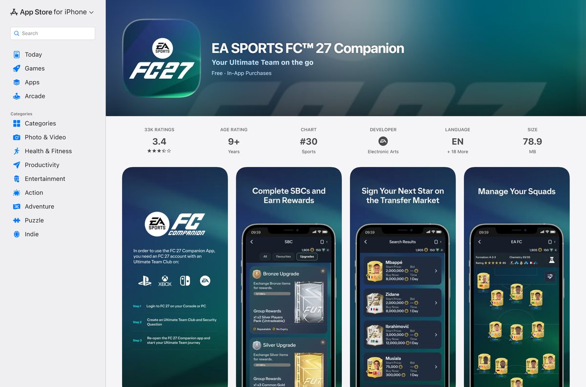 App Store listing for the EA SPORTS FC 27 Companion with its rating