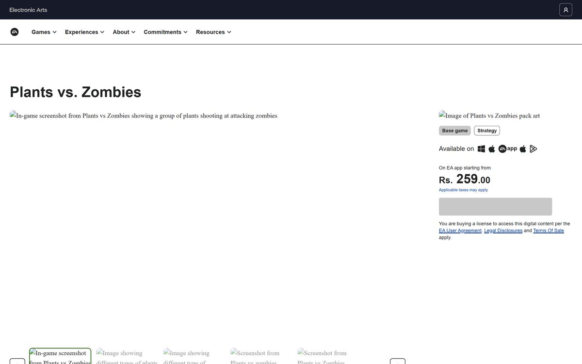 EA product page for Plants vs. Zombies with the Download Now button