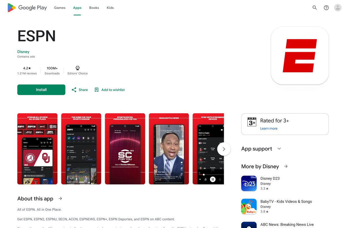 Google Play page for ESPN with its developer and install button