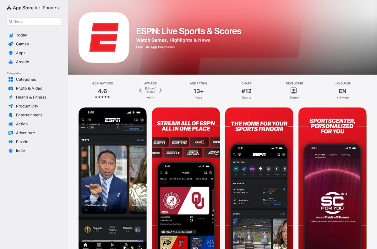 App Store page for ESPN showing ratings and device compatibility