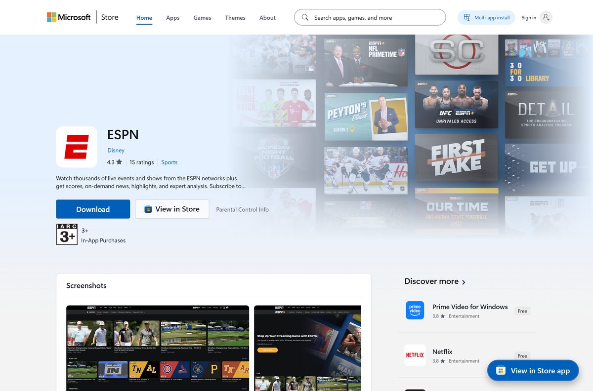 Microsoft Store page for ESPN with the Get button and publisher