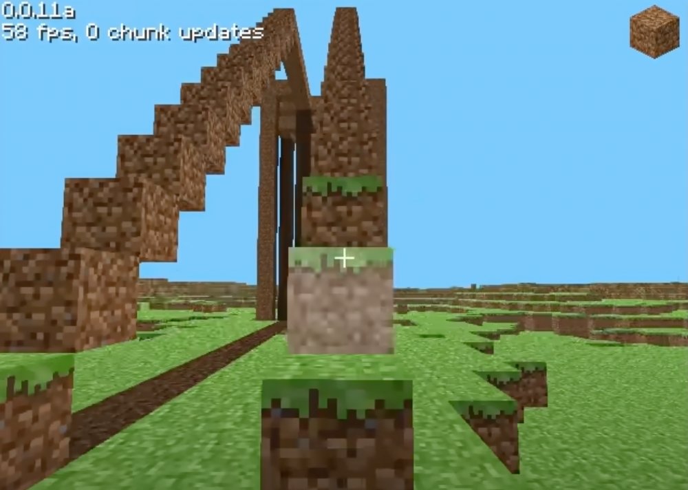 Early Minecraft build 0.0.11a showing blocky terrain and debug text