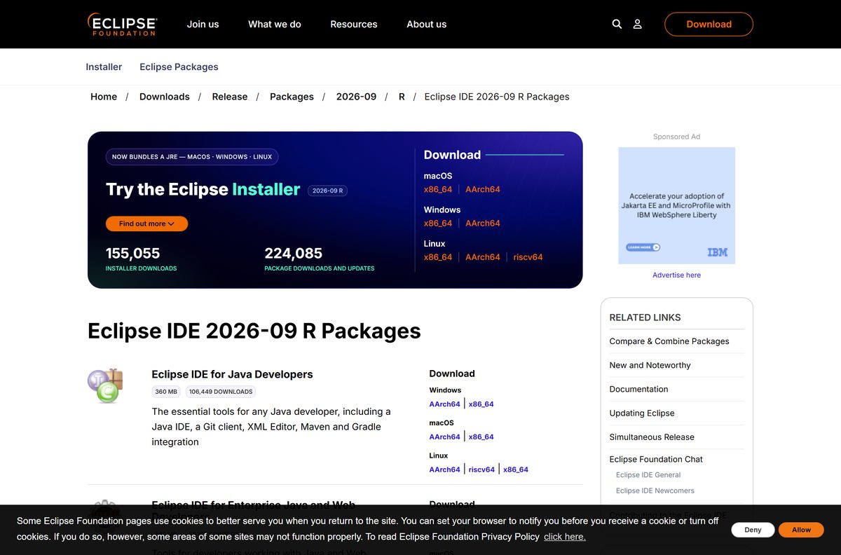 Eclipse IDE packages page listing the Installer and each package