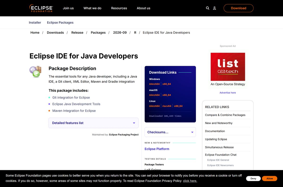 Package page for Java developers with download links and checksums