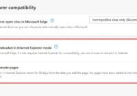 Edge Internet Explorer compatibility settings showing Allow and mode pages list