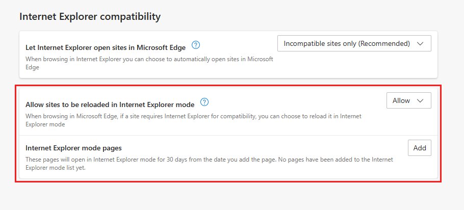Edge Internet Explorer compatibility settings showing Allow and mode pages list