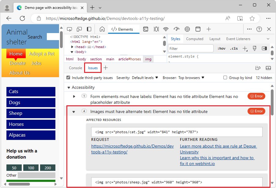 Edge Issues tool with an accessibility issue expanded showing affected resources