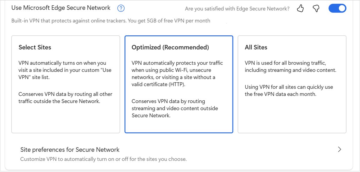 Edge Secure Network settings with Select Sites, Optimized and All Sites options