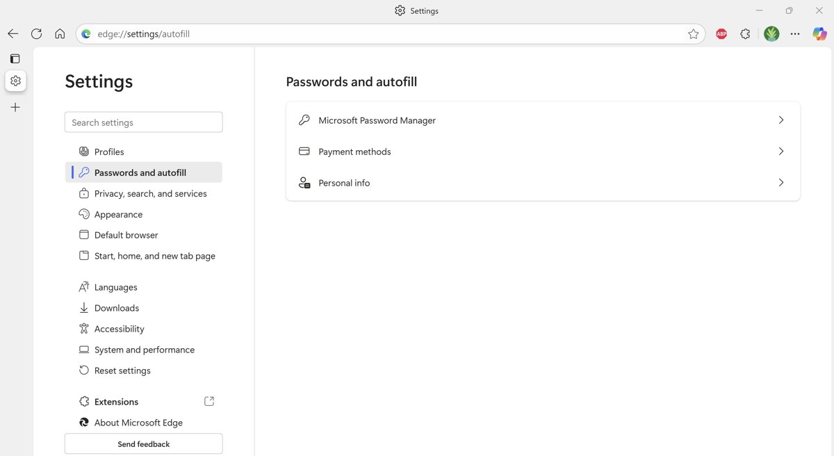 Edge Settings page listing Password Manager, Payment methods and Personal info