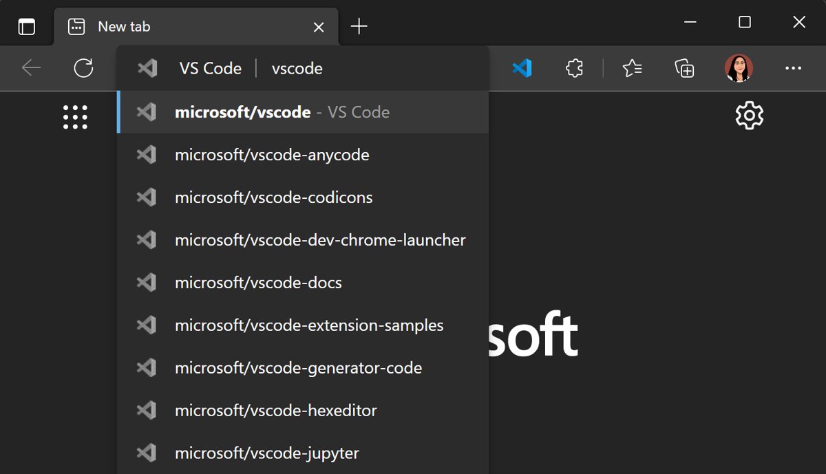 Edge address bar showing GitHub repository suggestions after typing vscode