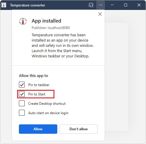 Edge app-installed dialog with Pin to Start checkbox selected